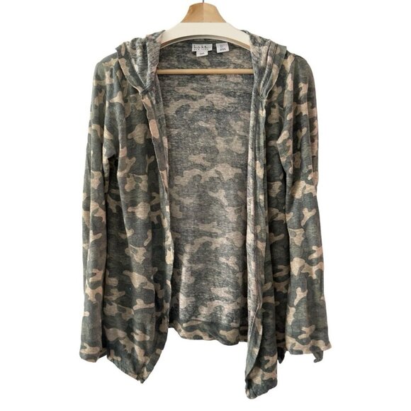 Nicole Miller Linen‎ Camo Hooded Cardigan Lightweight Open Front Camouflage Top - Picture 1 of 7